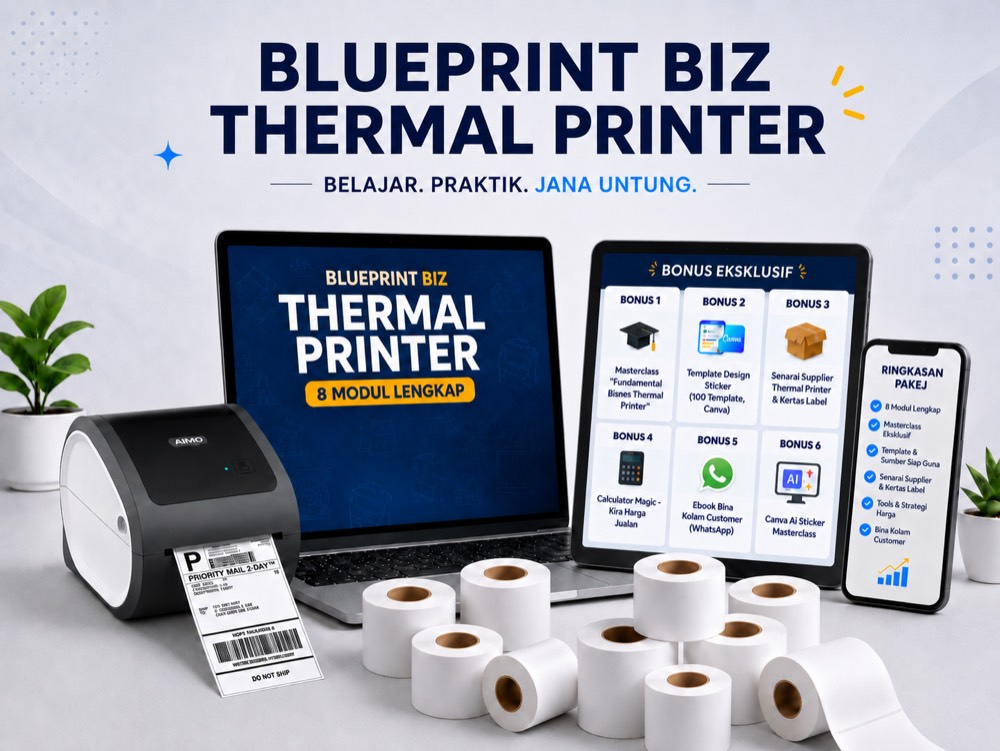 Pakej Business: Blueprint, mesin Aimo, stok sticker dan packaging kit