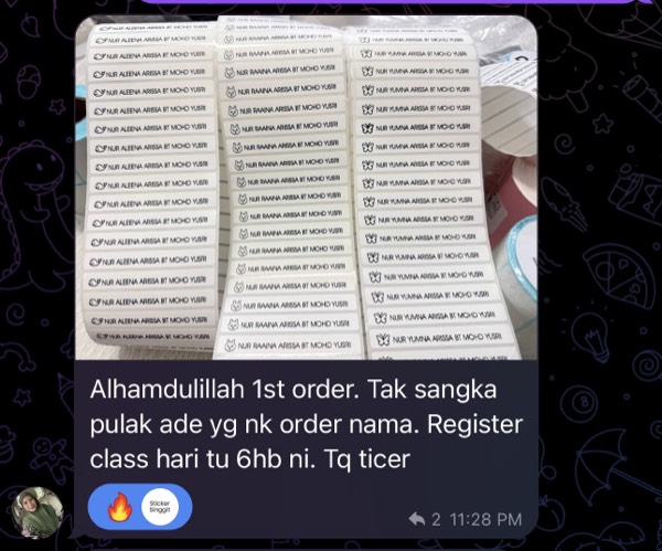 Order sebenar pelajar Sticker Singgit